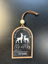 Load image into Gallery viewer, Close-up of the white buck and doe and Mr. & Mrs. lettering on the clear acrylic ornament