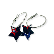 Load image into Gallery viewer, Patriotic small flag pattern star on silver hoop earrings
