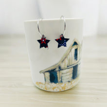Load image into Gallery viewer, Patriotic small flag pattern star on silver hoop earrings