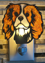 Load image into Gallery viewer, Blenheim Cavalier King Charles Spaniel night light in cherry wood, lit