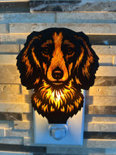 Load image into Gallery viewer, Long-haired Dachshund dog night light, black and tan, lit