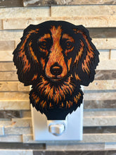 Load image into Gallery viewer, Long-haired Dachshund dog night light, black and tan, unlit