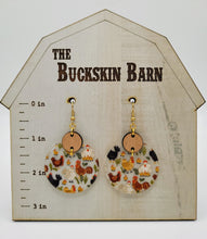 Load image into Gallery viewer, Chicken earrings - whole flock on clear acrylic with wood circle - round