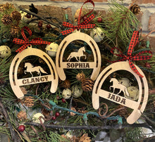 Load image into Gallery viewer, Ornament - Horseshoe personalized with breed cutout or discipline and name