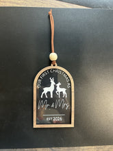 Load image into Gallery viewer, Our First Christmas as Mr. &amp; Mrs. ornament with walnut arch frame, wood bead and brown leather lace hanger
