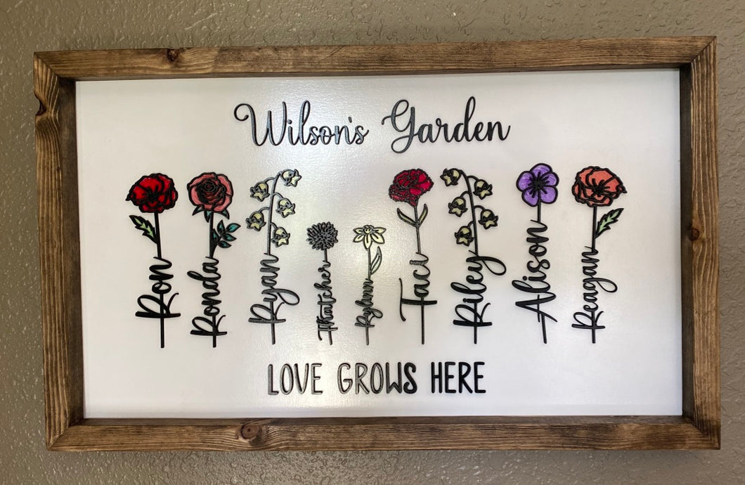 Grandma's Garden personalized grandchildren birth month flowers framed 8-10 grandkids