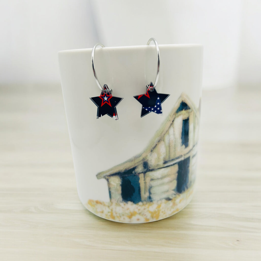 Patriotic small flag pattern star on silver hoop earrings