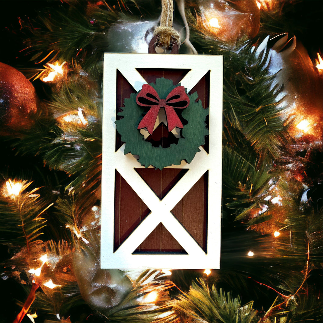 Ornament - Red barn door with wreath