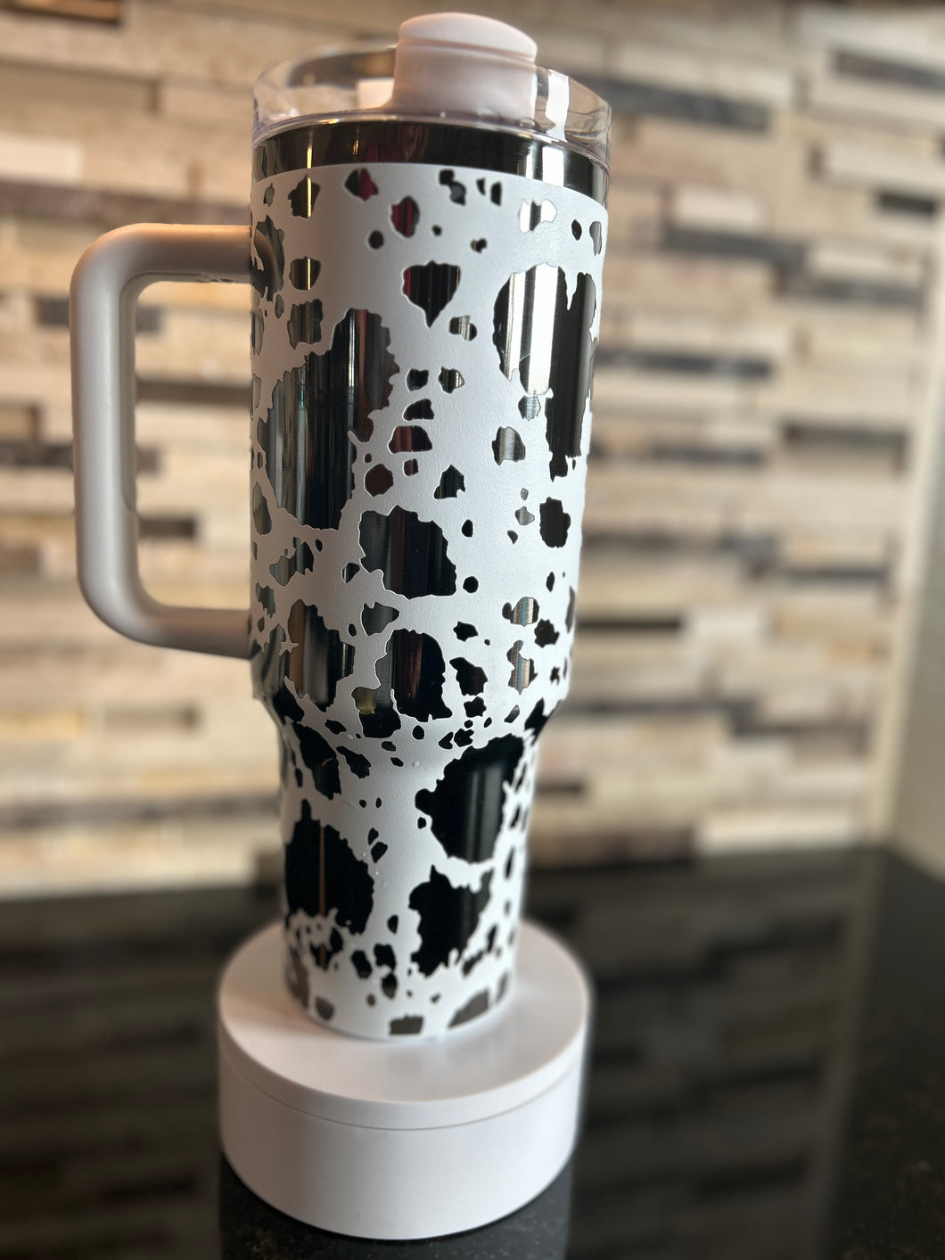 Tumbler - 40 oz white on black chrome cow print