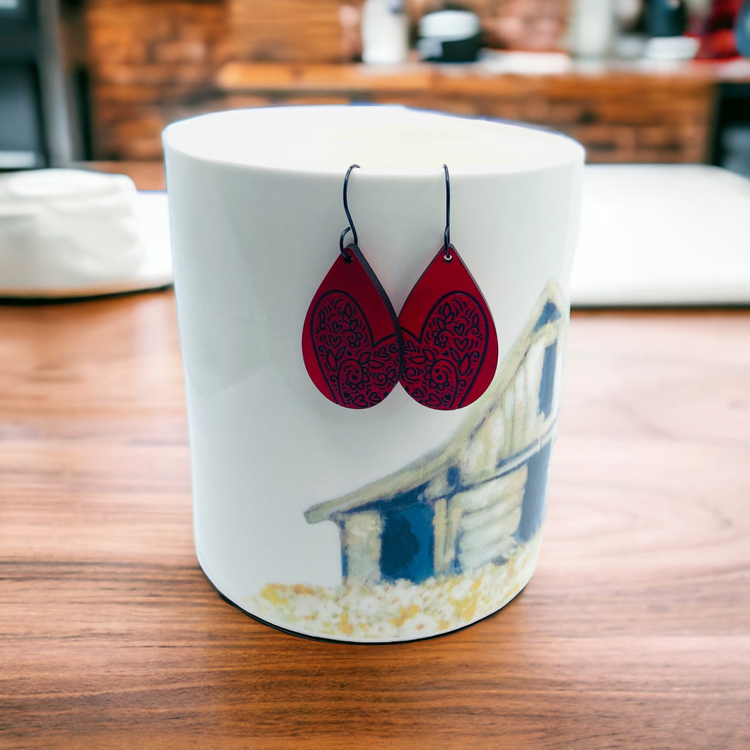 Red and black heart teardrop earrings