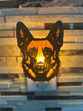 Load image into Gallery viewer, Belgian Malinois dog night light in cherry wood, lit
