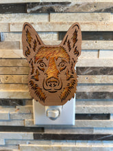 Load image into Gallery viewer, Belgian Malinois dog night light in cherry wood, unlit, laser-cut wood
