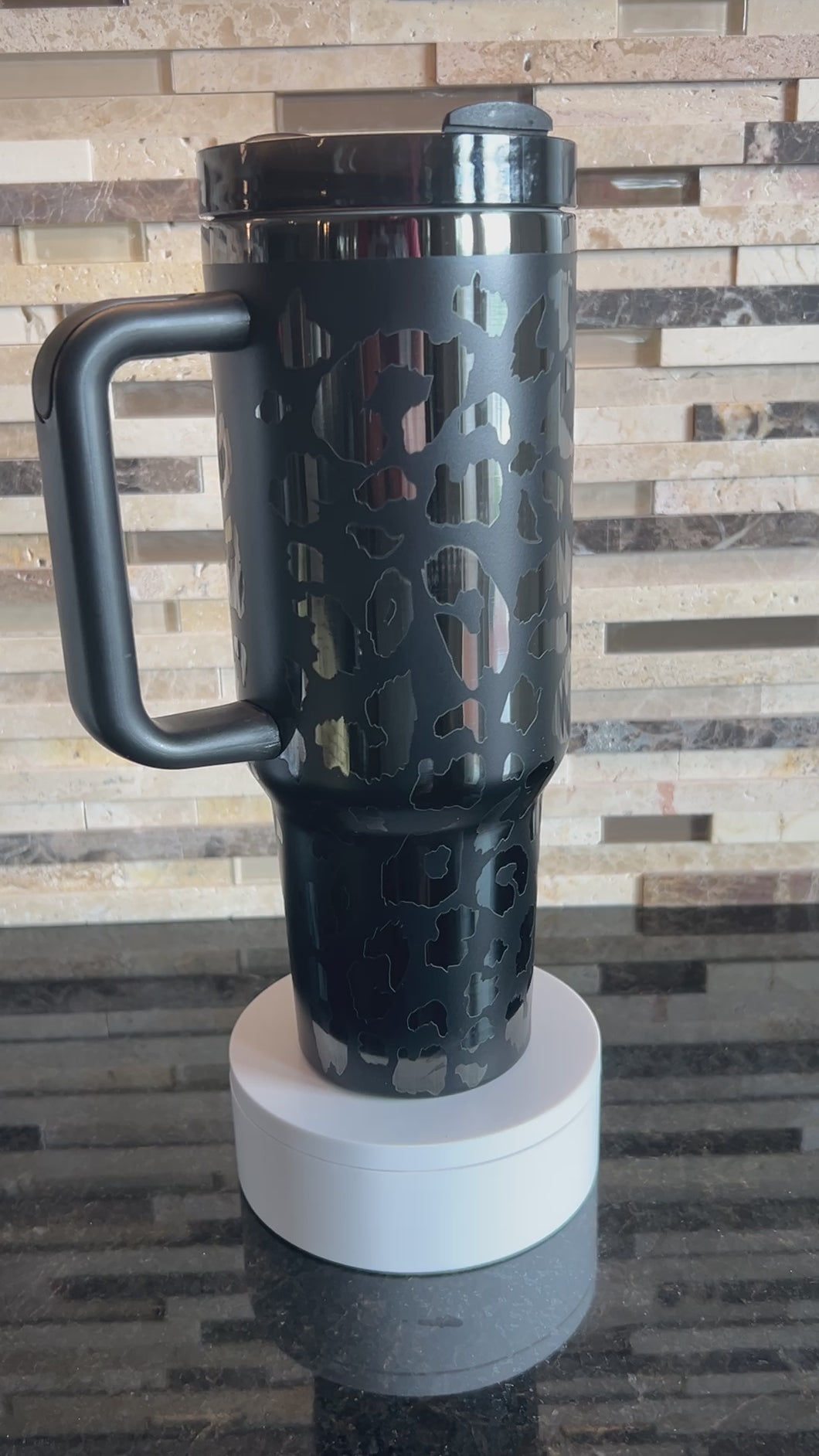 Tumbler - 40 oz black on black chrome leopard print