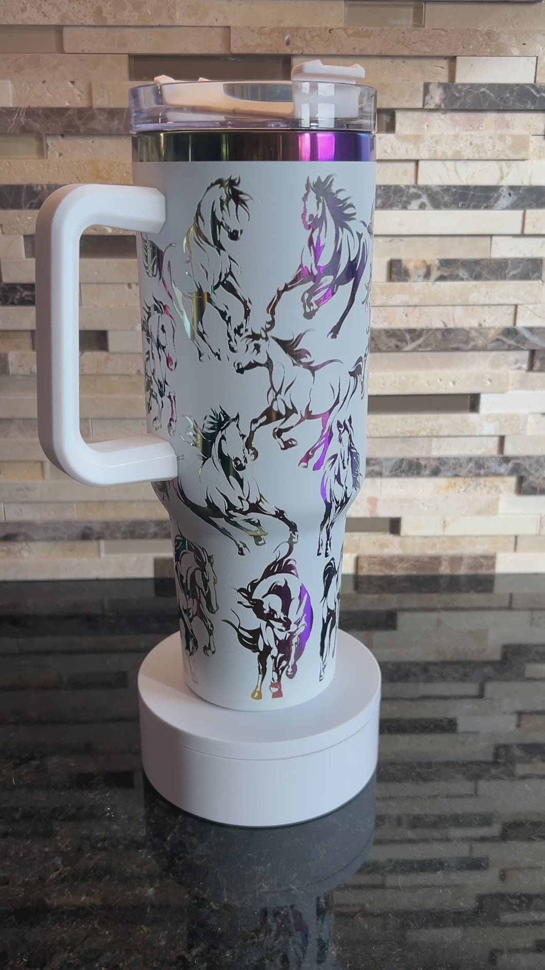 Tumbler - 40 oz white oil slick Running Horses - DUPE