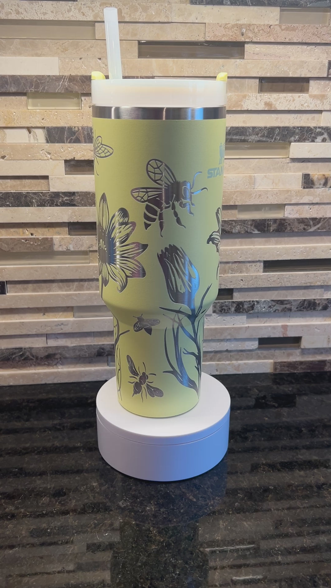 Tumbler - 40 oz Pomelo yellow with wildflowers and bees full wrap - Authentic name brand