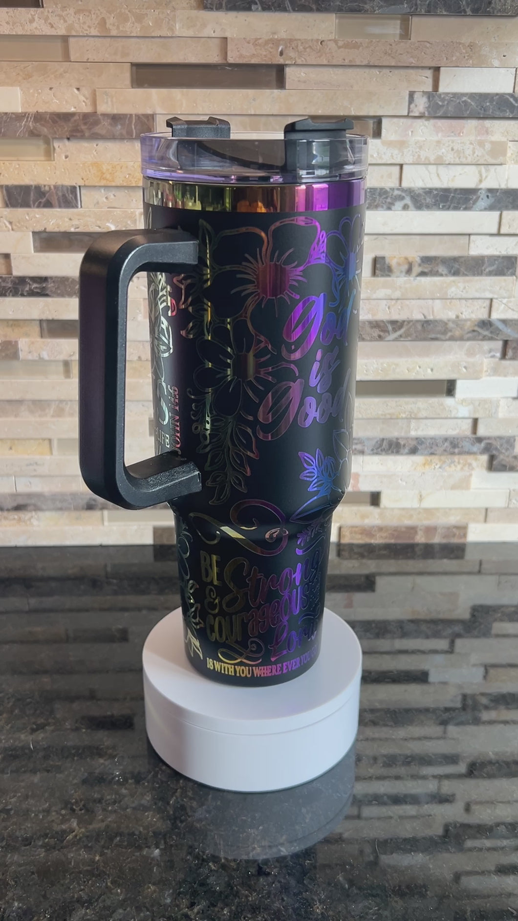 Tumbler - 40 oz Black oil slick God is Good engraved full wrap - DUPE