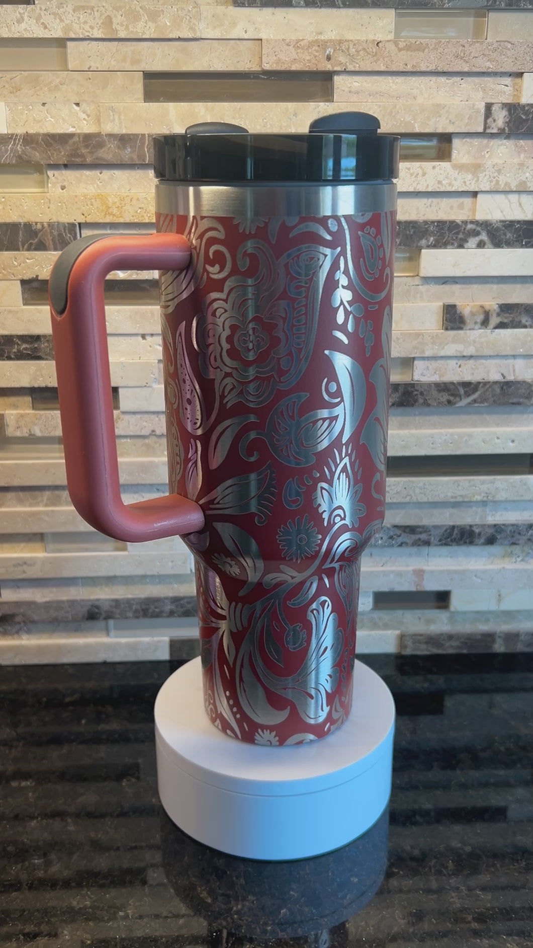 Tumbler - 40 oz Rust tooled leather full wrap - DUPE