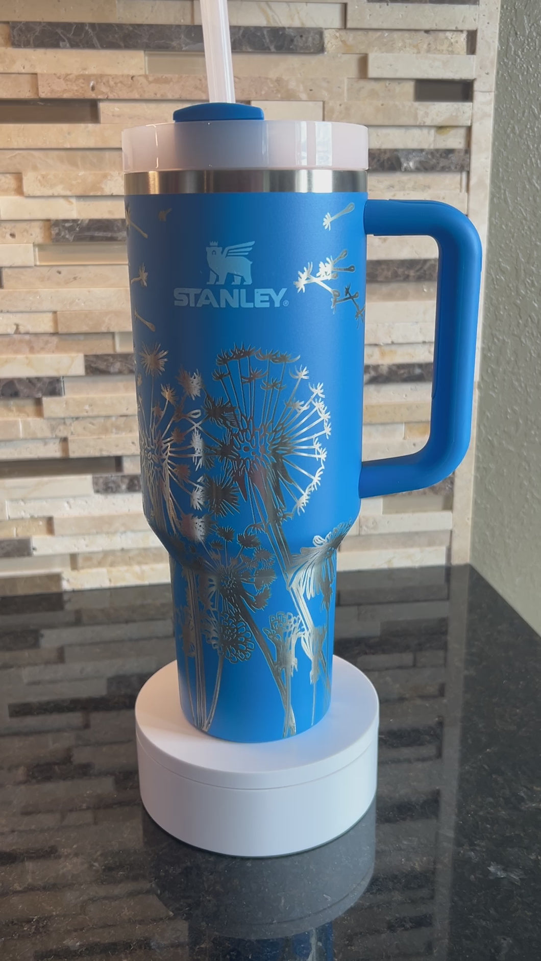 Tumbler - 40 oz Azure blue with dandelion full wrap - Authentic name brand