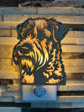 Load image into Gallery viewer, Soft Coated Wheaten Terrier dog night light in maple wood, lit
