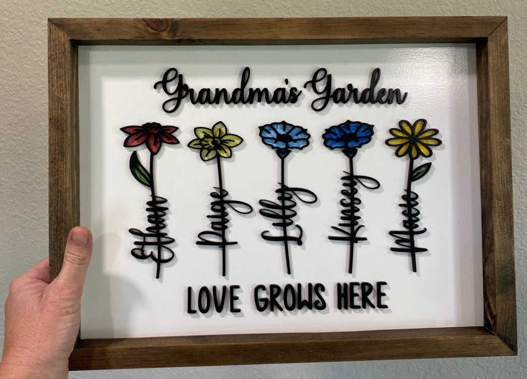 Grandma's Garden personalized grandchildren birth month flowers framed 5-7 grandkids