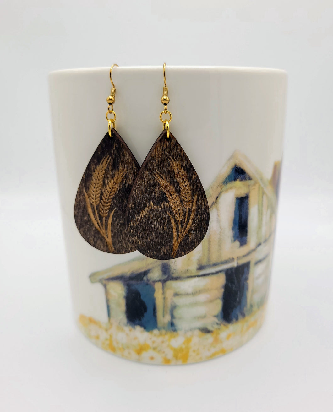 Wheat wood earrings - engraved wheat earring