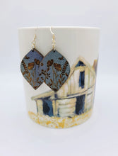 Load image into Gallery viewer, Wildflower earrings - engraved wood on blue teardrop
