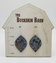 Load image into Gallery viewer, Wildflower earrings - engraved wood on blue teardrop
