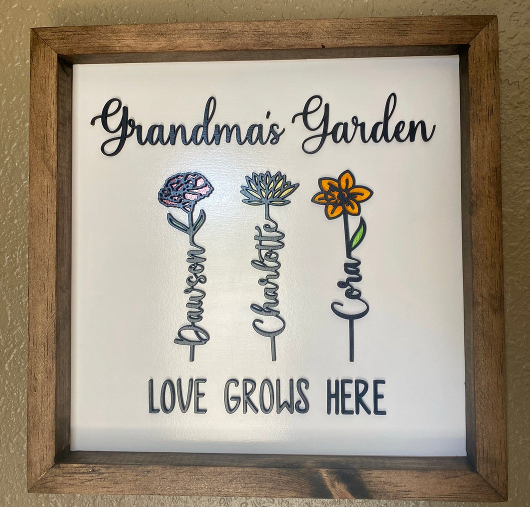 Grandma's Garden personalized grandchildren birth month flowers framed